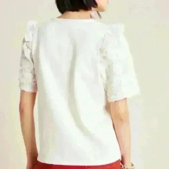 Anthropologie RARE Jacquie Lace Sleeved Top SM by Current Air Ivory Split V Neck - Picture 8 of 10